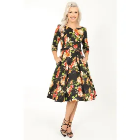 Black Floral Print 50s Tea Dress