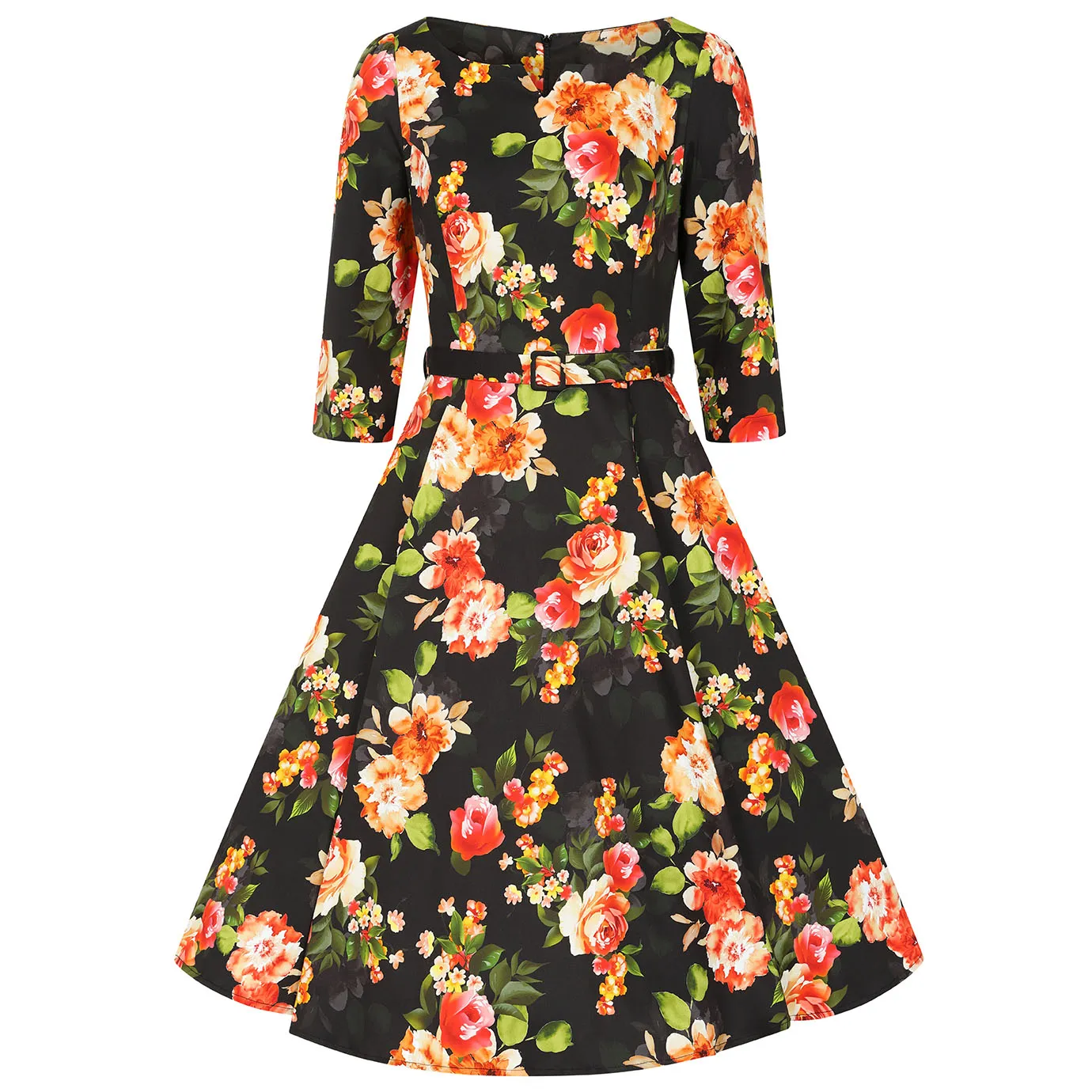 Black Floral Print 50s Tea Dress