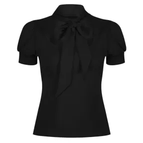 Black Puff Sleeve Tie Neck Top