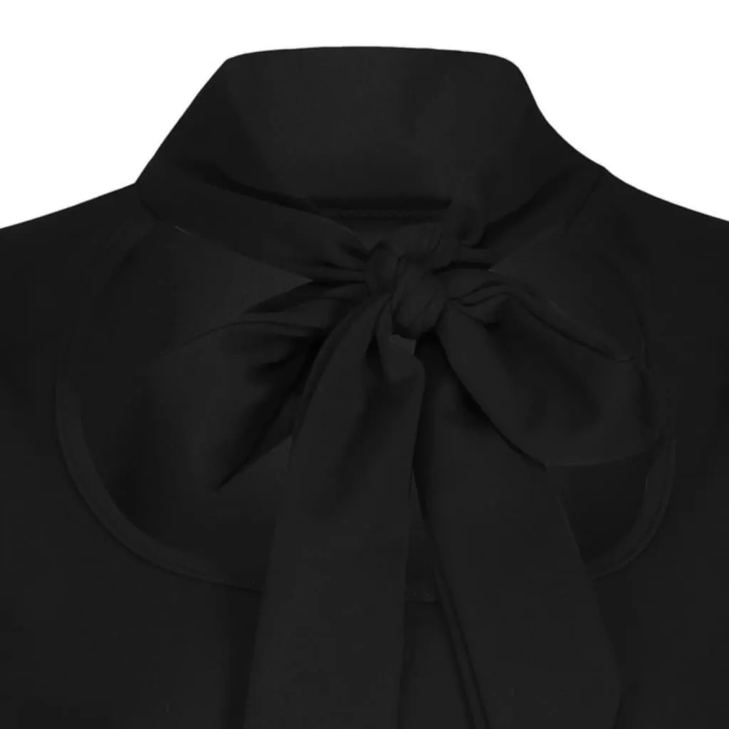 Black Puff Sleeve Tie Neck Top