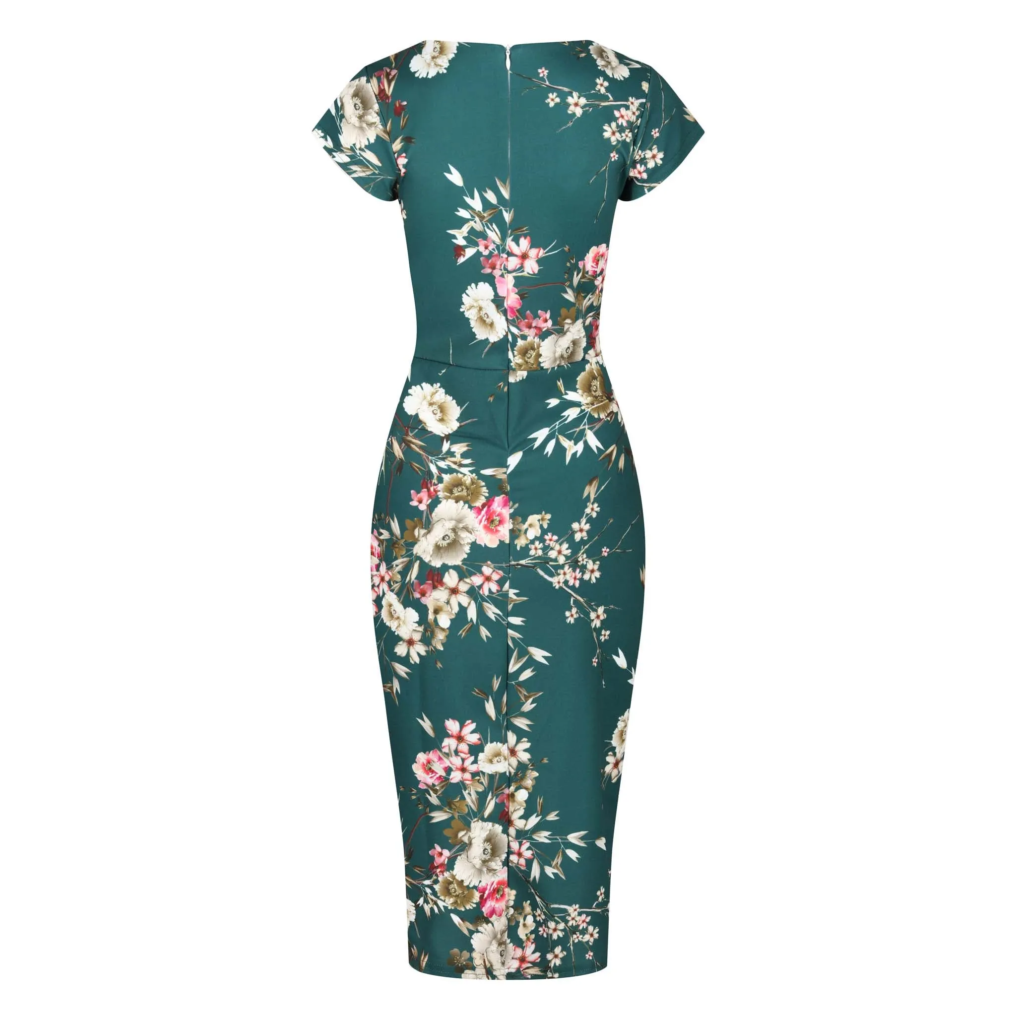 Green Floral Cap Sleeve V Neck 40s Wiggle Dress