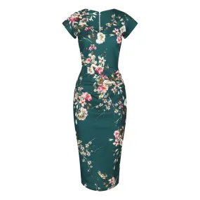 Green Floral Cap Sleeve V Neck 40s Wiggle Dress