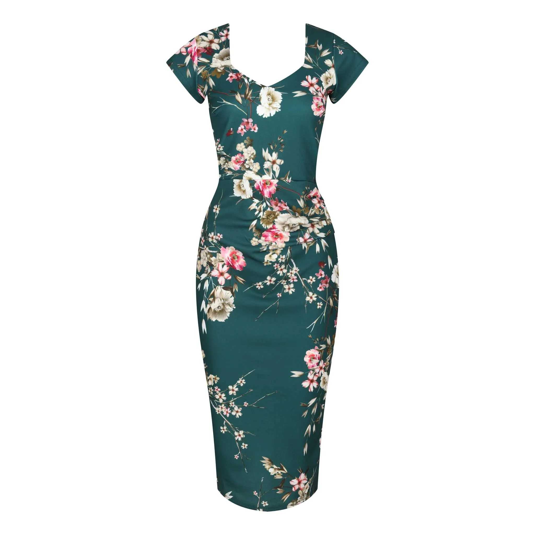 Green Floral Cap Sleeve V Neck 40s Wiggle Dress