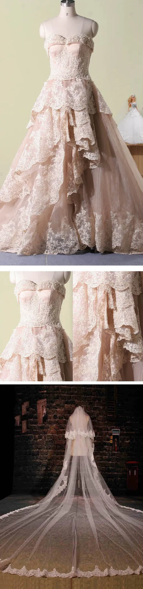 Vintage Pink Lace Sweetheart Long A-line Tiered Skirt Wedding Party Dress, WD0066