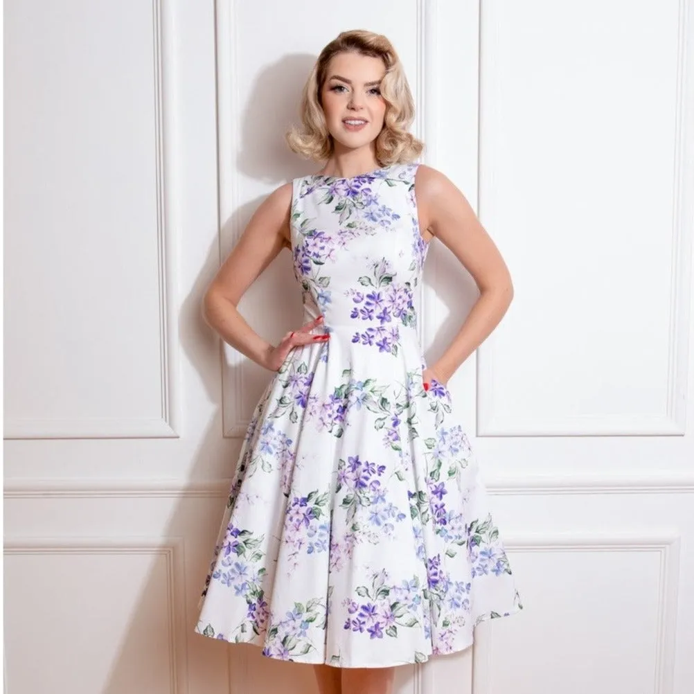 White Purple Floral Audrey Rockabilly 50s Swing Dress