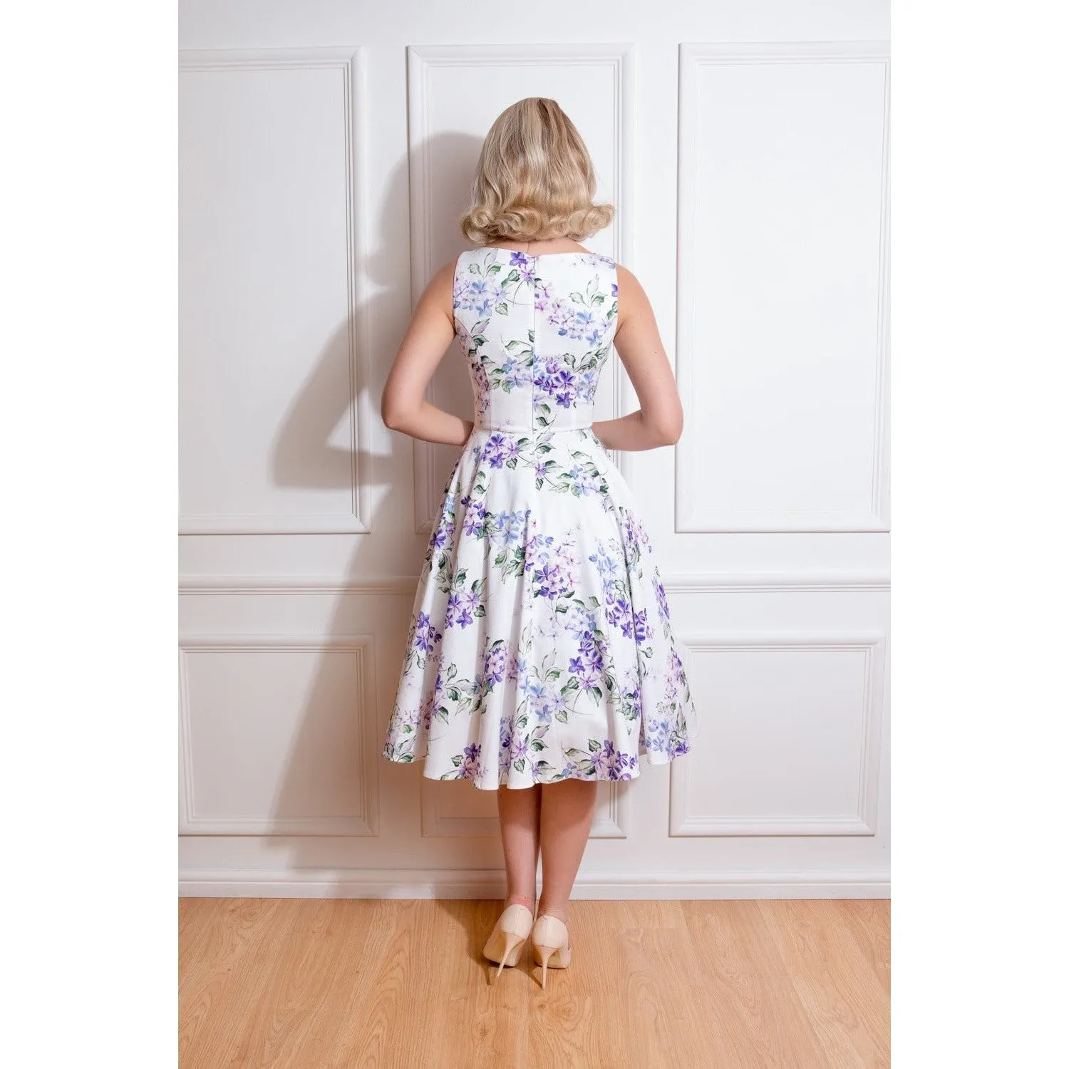 White Purple Floral Audrey Rockabilly 50s Swing Dress