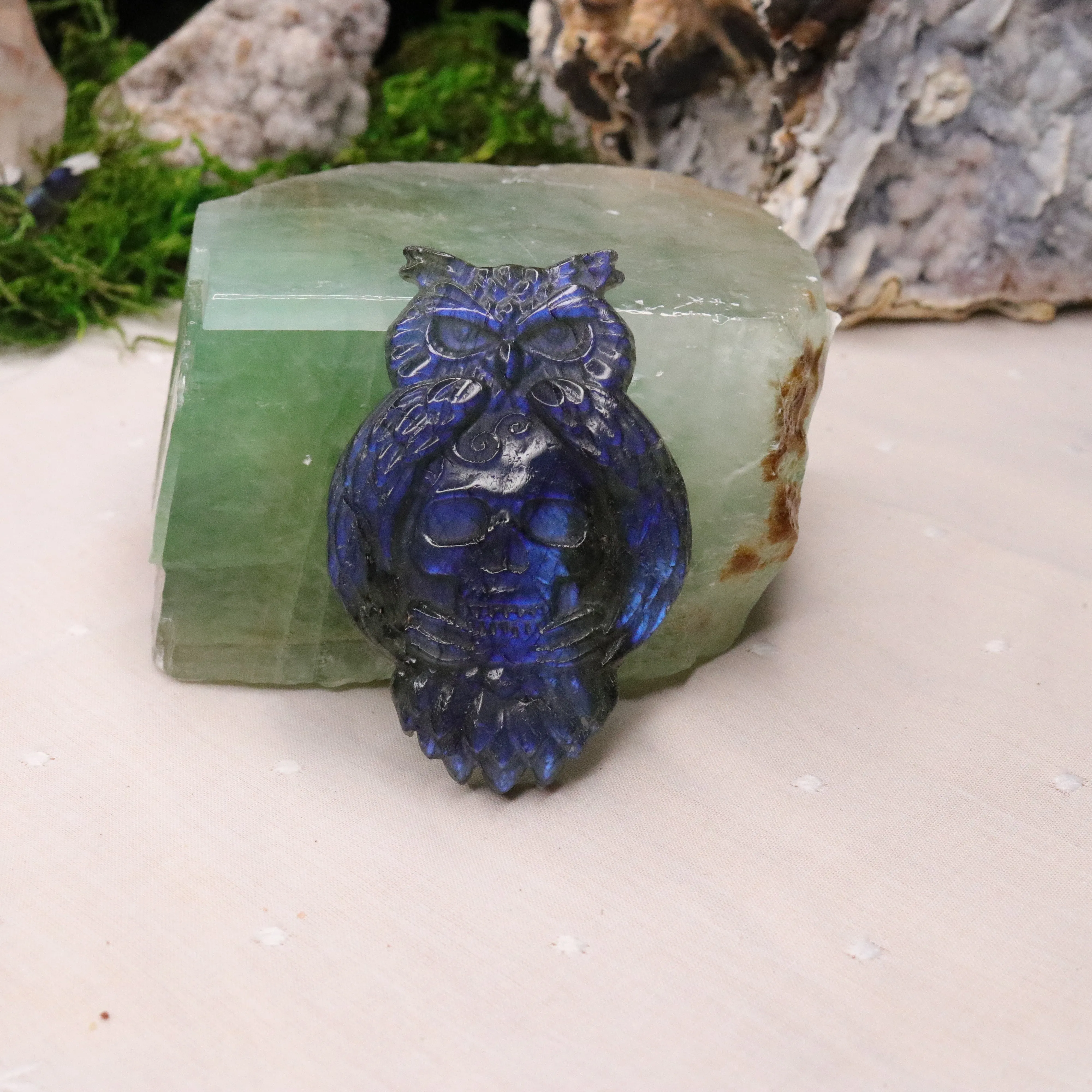 Blue Labradorite Owl and Skull Carving