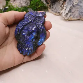 Blue Labradorite Owl and Skull Carving