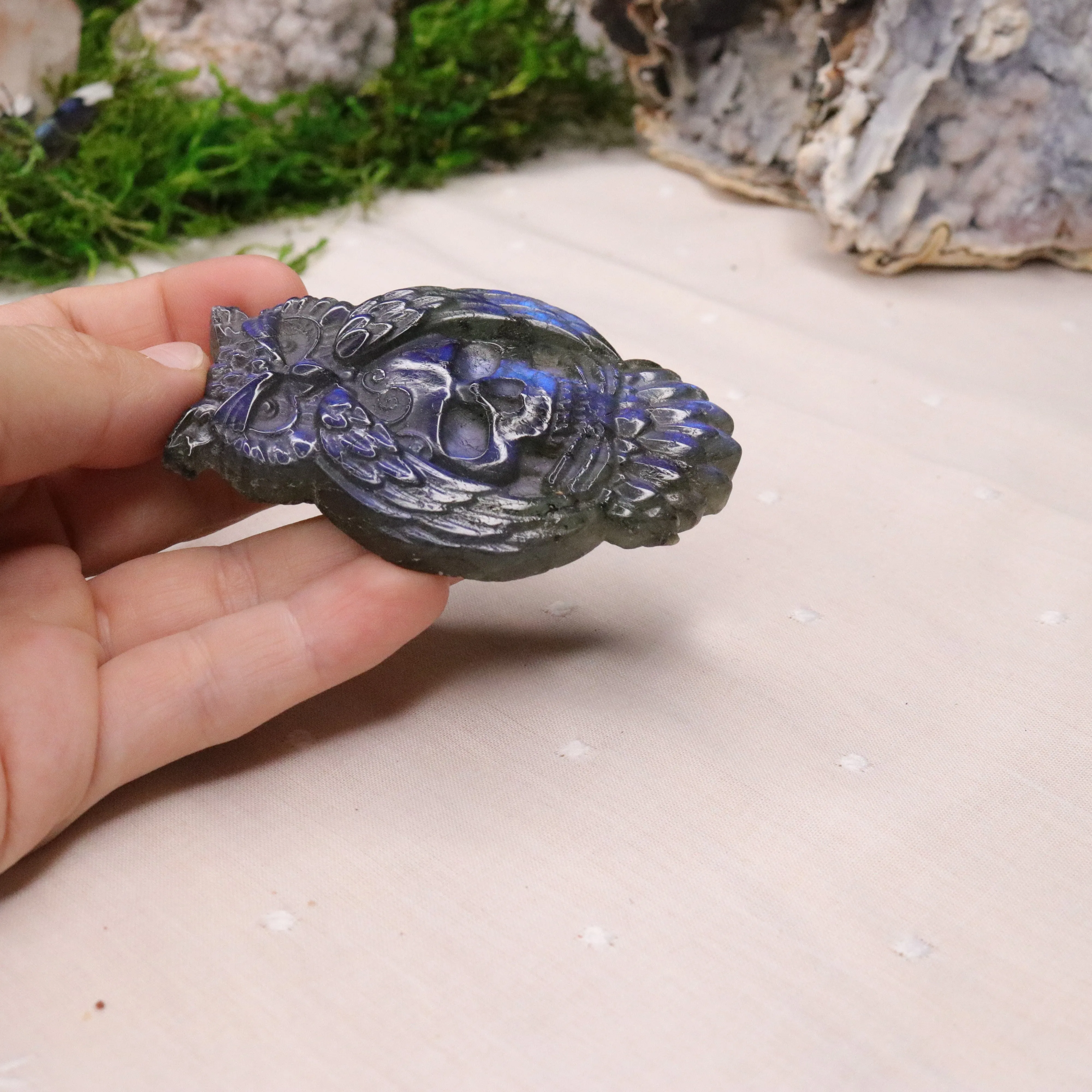 Blue Labradorite Owl and Skull Carving