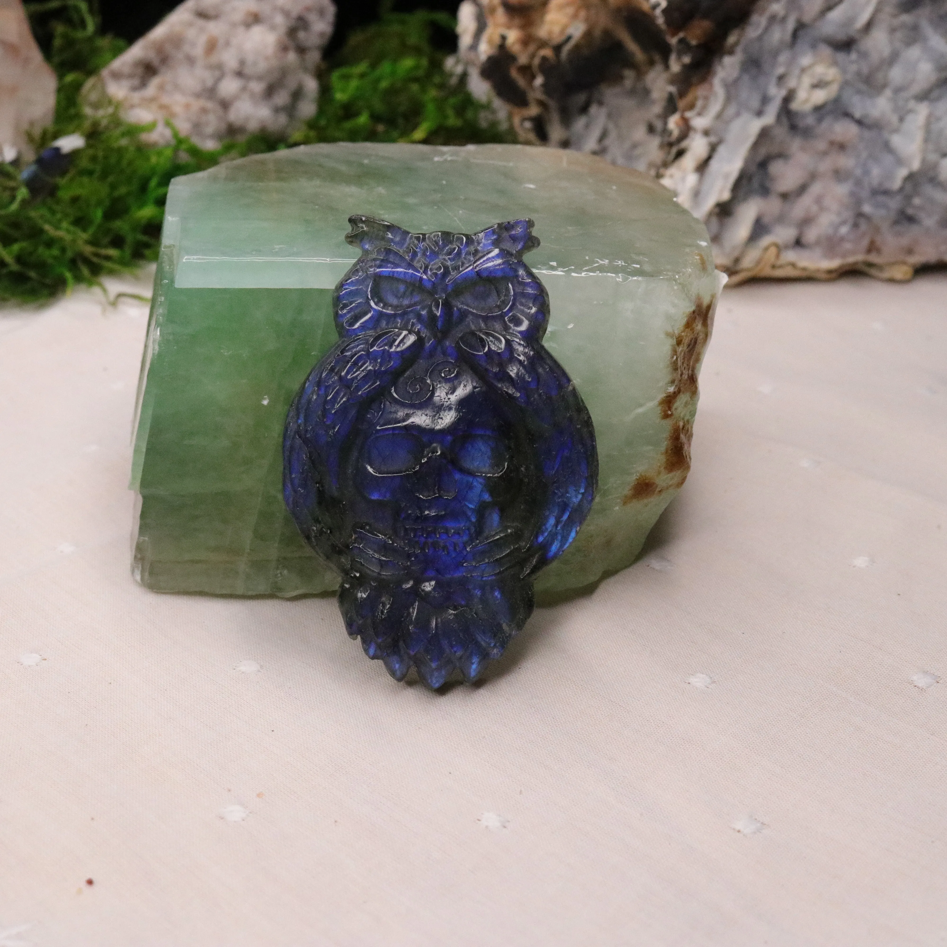 Blue Labradorite Owl and Skull Carving