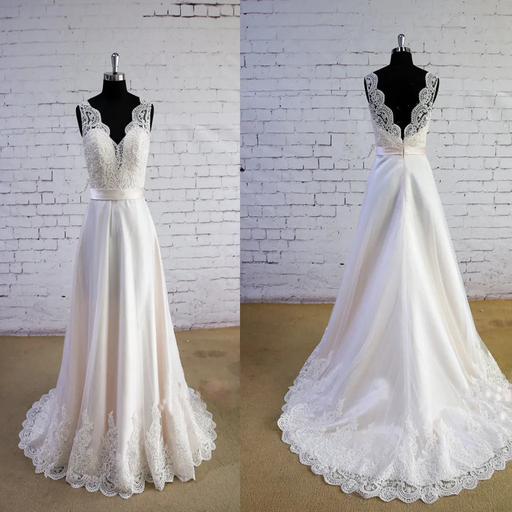 Special Wheat Color Wedding Dress with V-Neck and V-Back