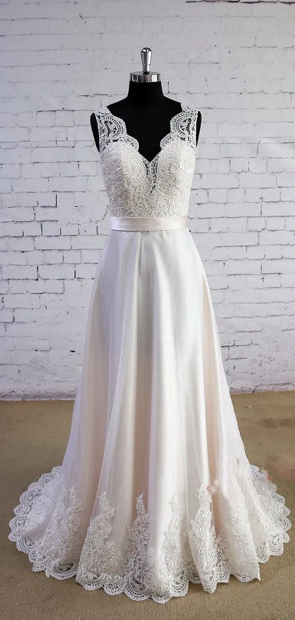 Special Wheat Color Wedding Dress with V-Neck and V-Back