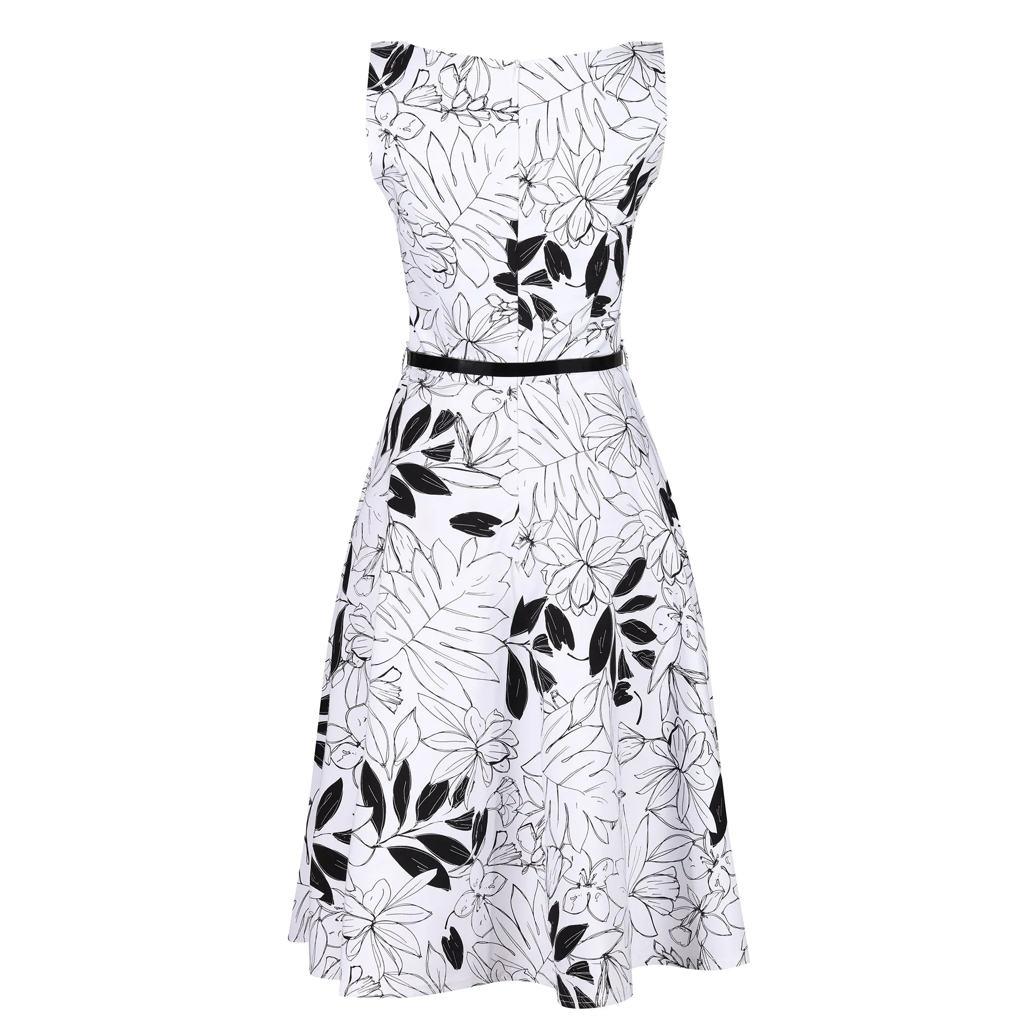 White Black Floral Audrey Style 1950s Swing Dress