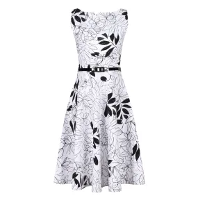 White Black Floral Audrey Style 1950s Swing Dress