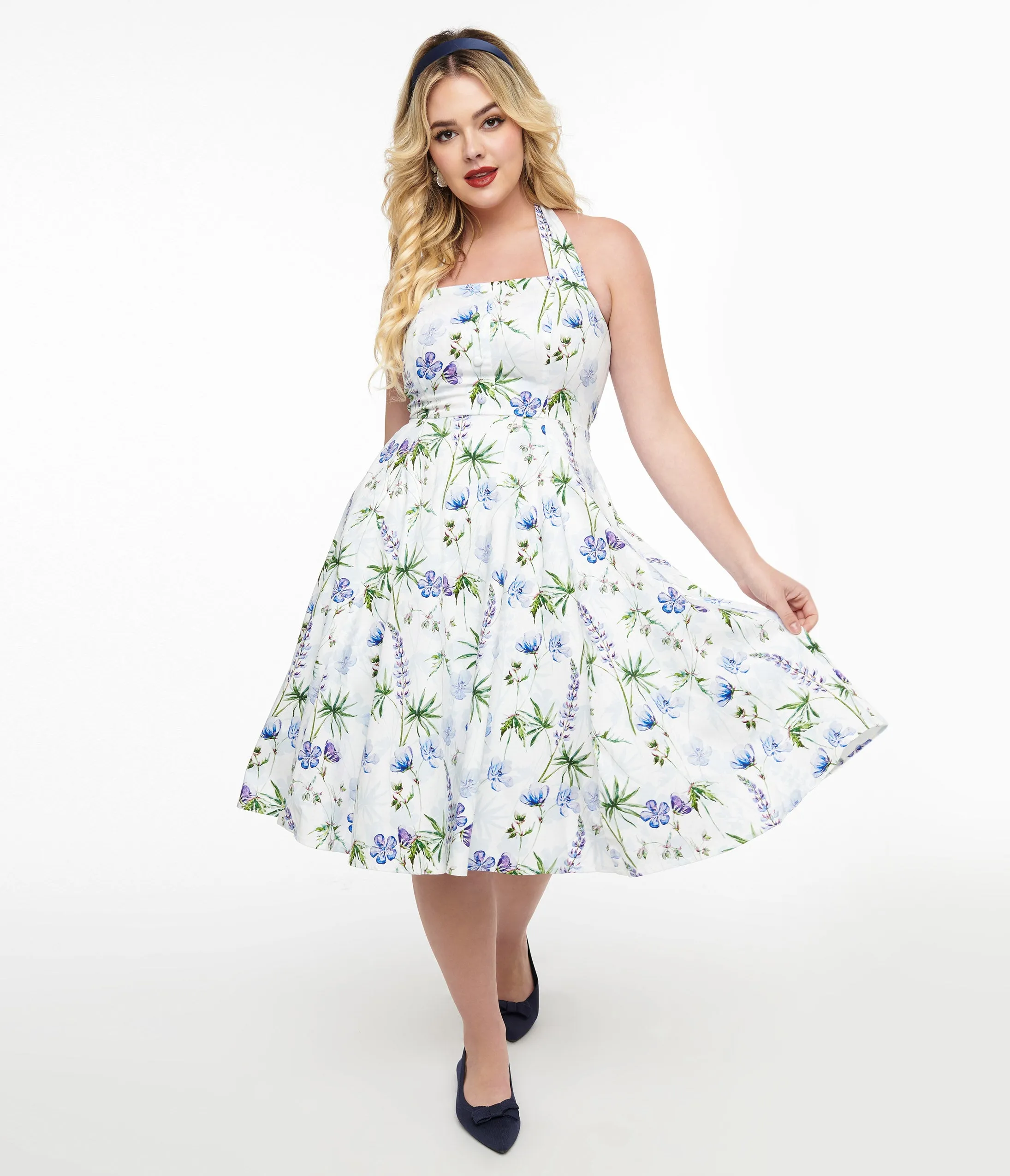 White and Purple Floral Cotton Halter Swing Dress