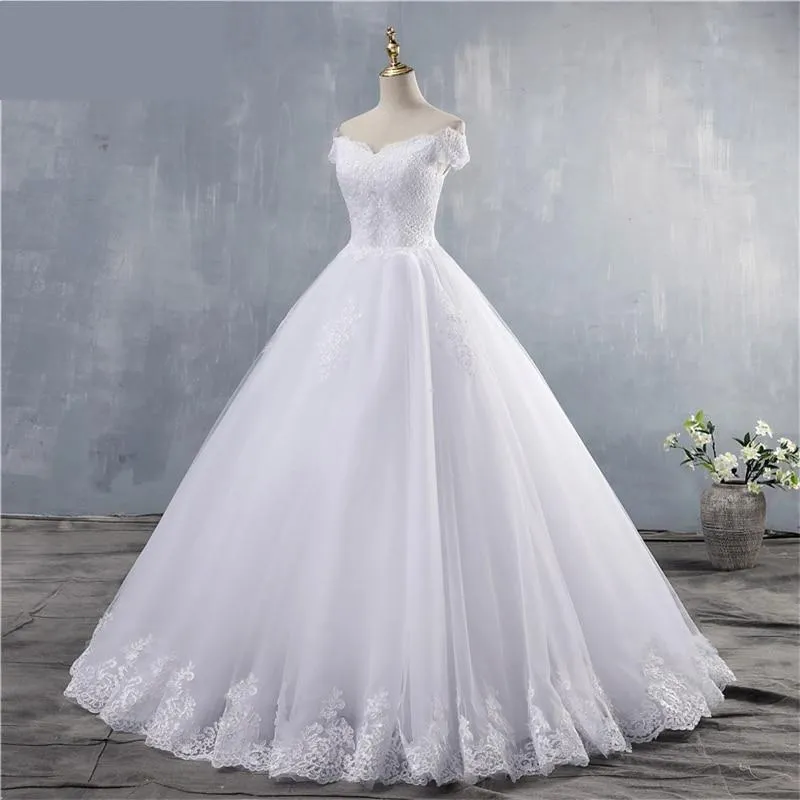 Off Shoulder Sweetheart White Ivory Wedding Dress with Lace Bottom