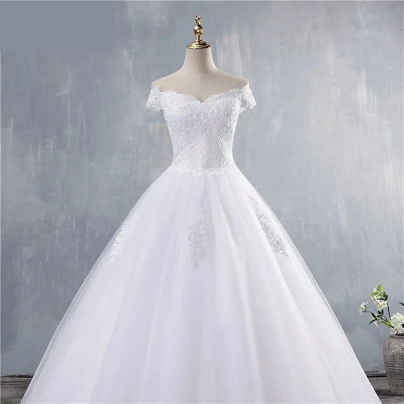 Off Shoulder Sweetheart White Ivory Wedding Dress with Lace Bottom