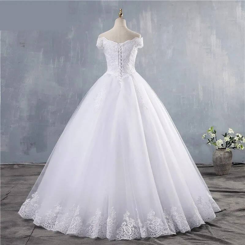 Off Shoulder Sweetheart White Ivory Wedding Dress with Lace Bottom