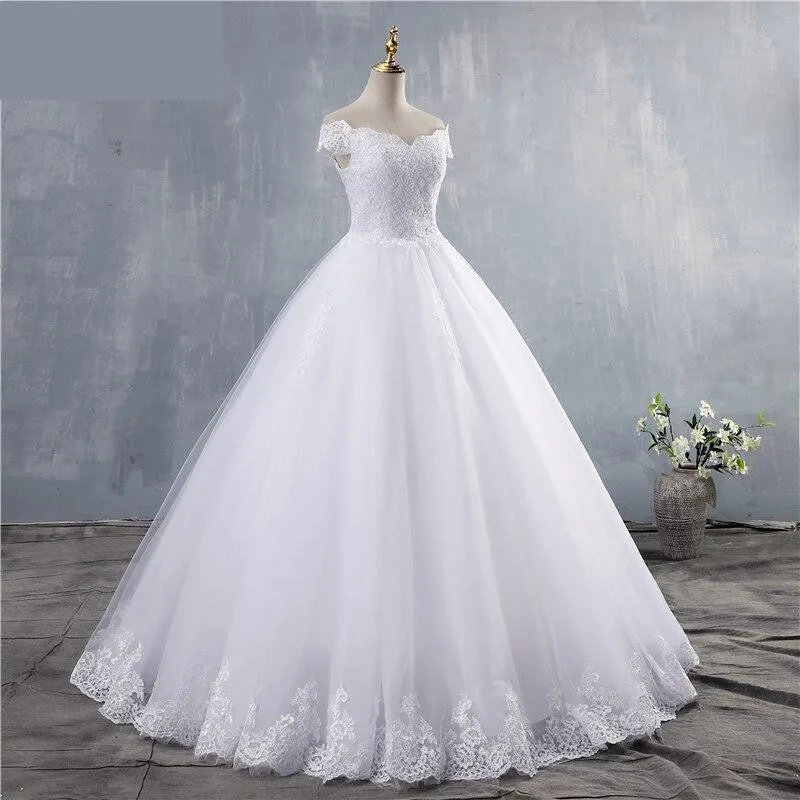 Off Shoulder Sweetheart White Ivory Wedding Dress with Lace Bottom