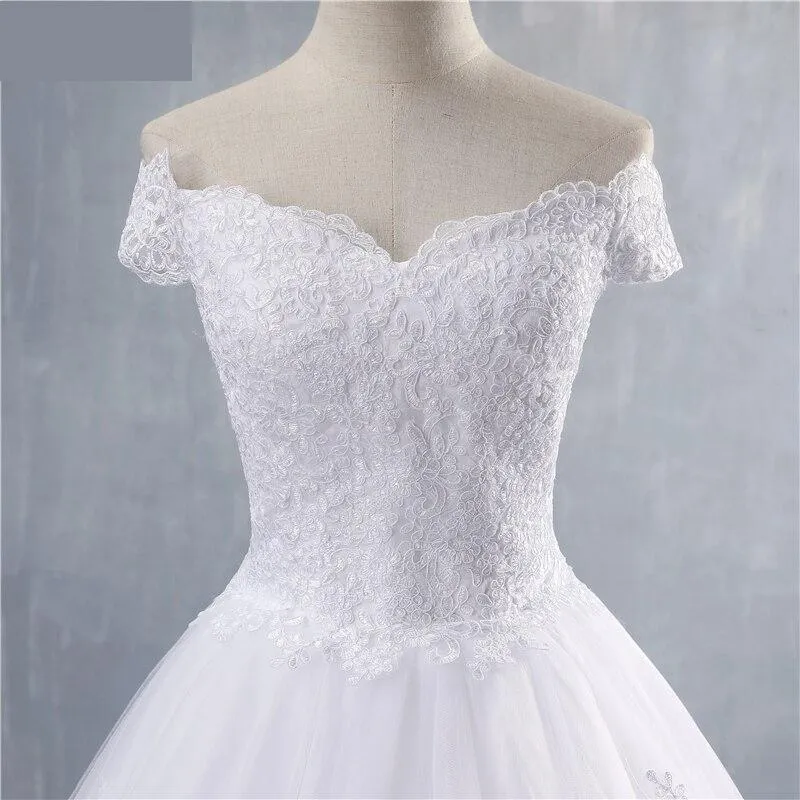 Off Shoulder Sweetheart White Ivory Wedding Dress with Lace Bottom