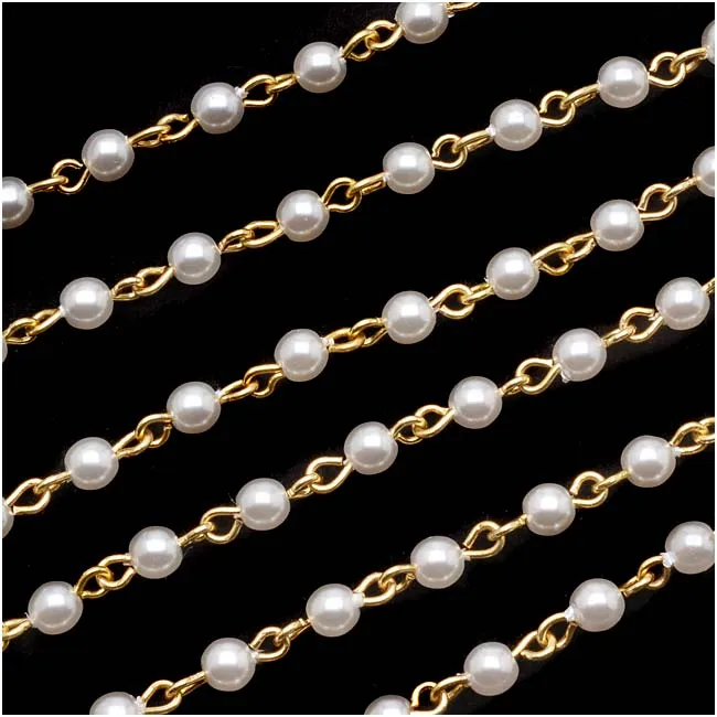 Czech Glass Beaded Chain, White Pearls 4mm, Gold Plated (1 inch)