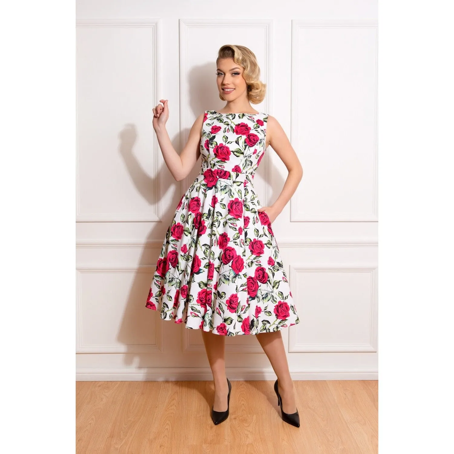 Floral White Rose Audrey Rockabilly Dress