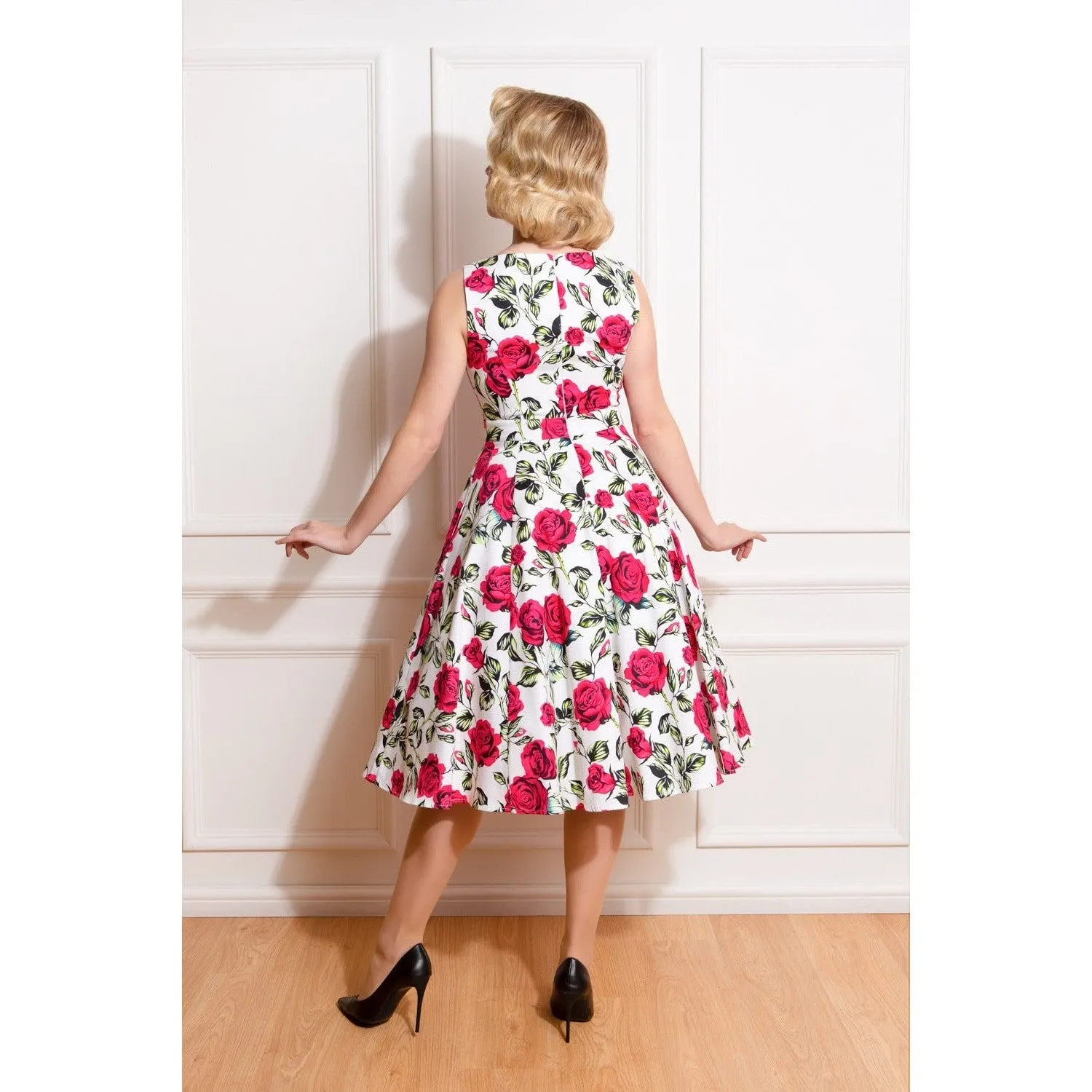 Floral White Rose Audrey Rockabilly Dress