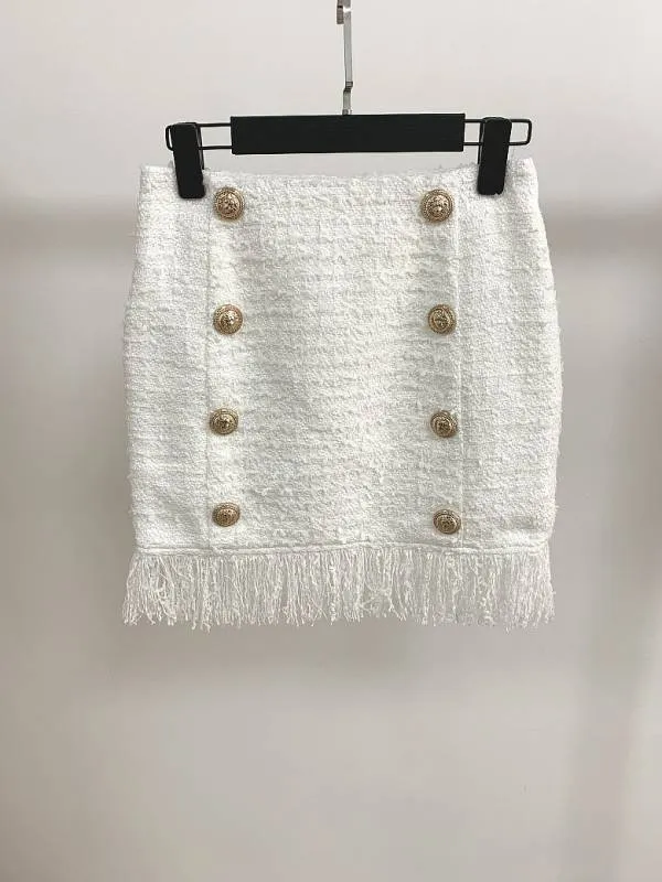 Matri White Tweed Mini Skirt with Fringe