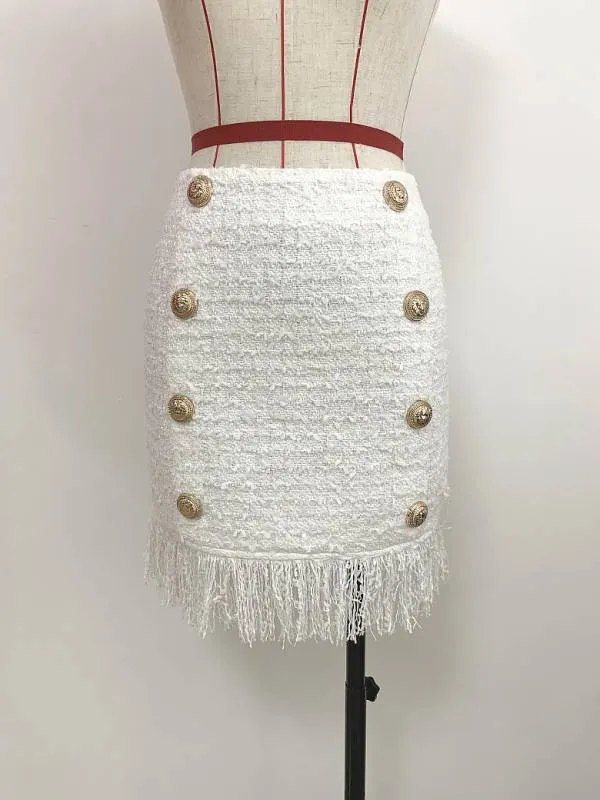 Matri White Tweed Mini Skirt with Fringe