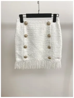 Matri White Tweed Mini Skirt with Fringe