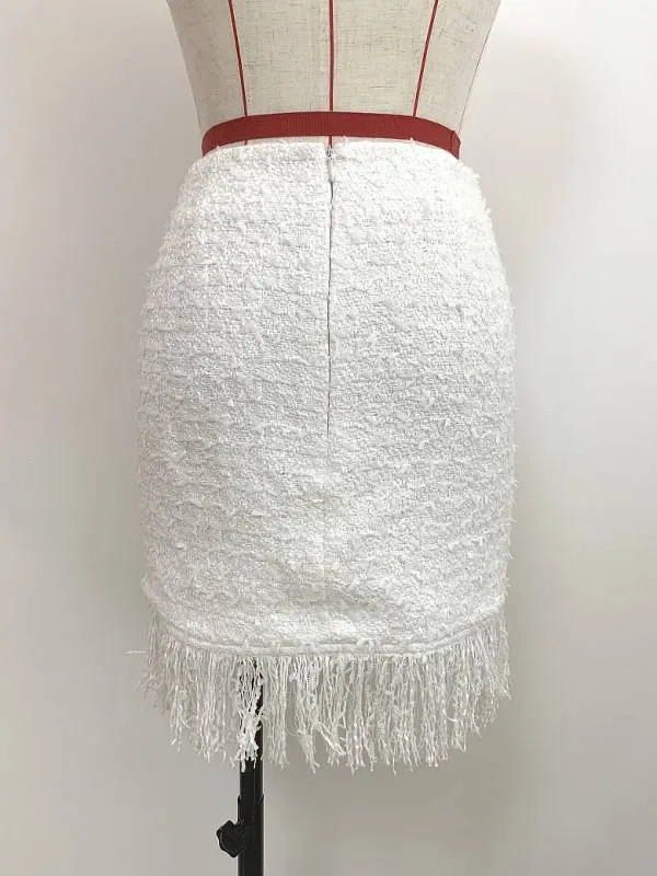 Matri White Tweed Mini Skirt with Fringe