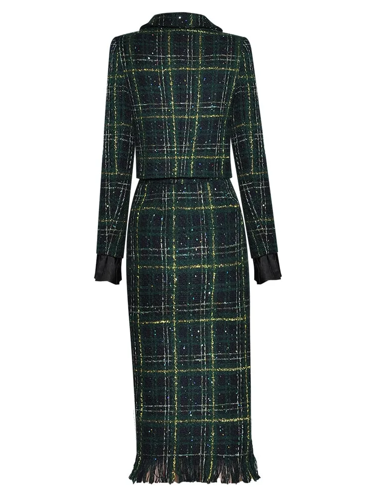 Winter Plaid Tweed Skirts Suit with Beaded Bow Detail Jacket + Tassel Skirt Set