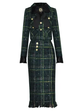 Winter Plaid Tweed Skirts Suit with Beaded Bow Detail Jacket + Tassel Skirt Set