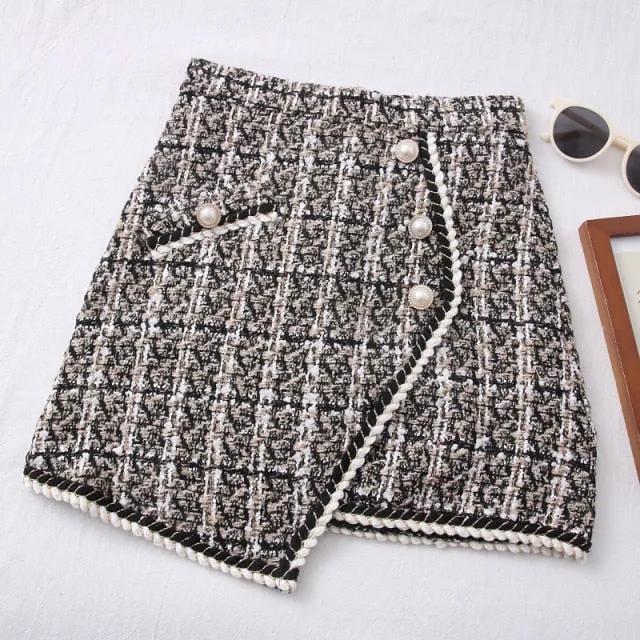 Double Breasted Mini Skirt in Solid Tweed, High Waist