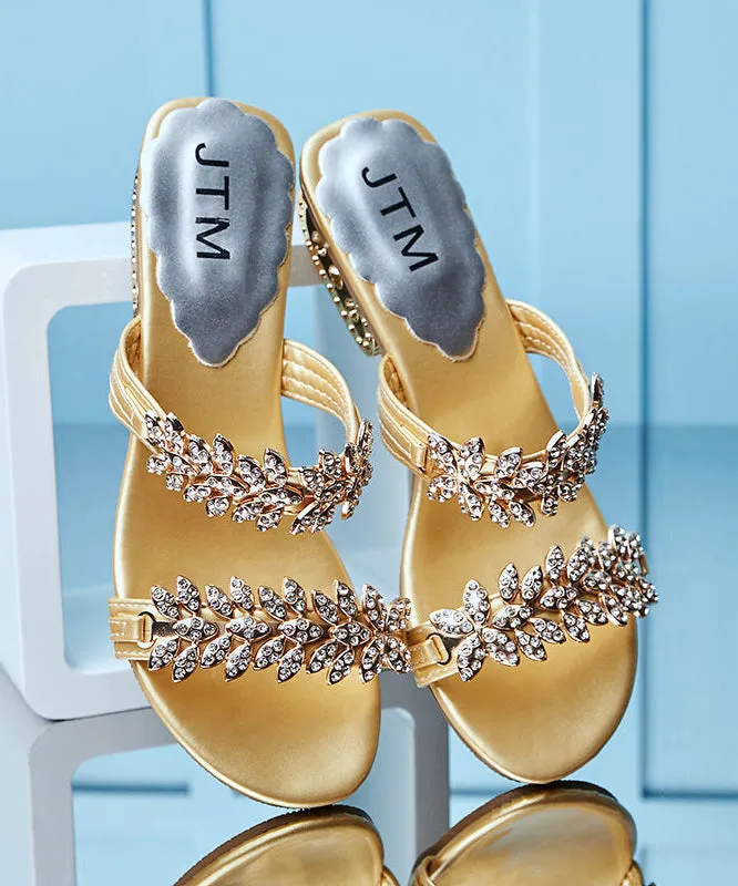 Women's Chunky Gold Zircon Slide Sandals with Peep Toe and Splicing