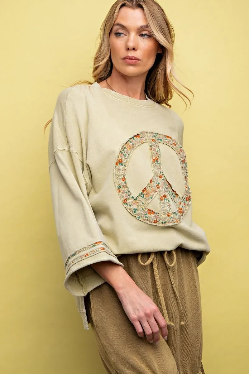 Women's Floral Peace Sign Pullover Top in Mineral Washed Terry Fabric