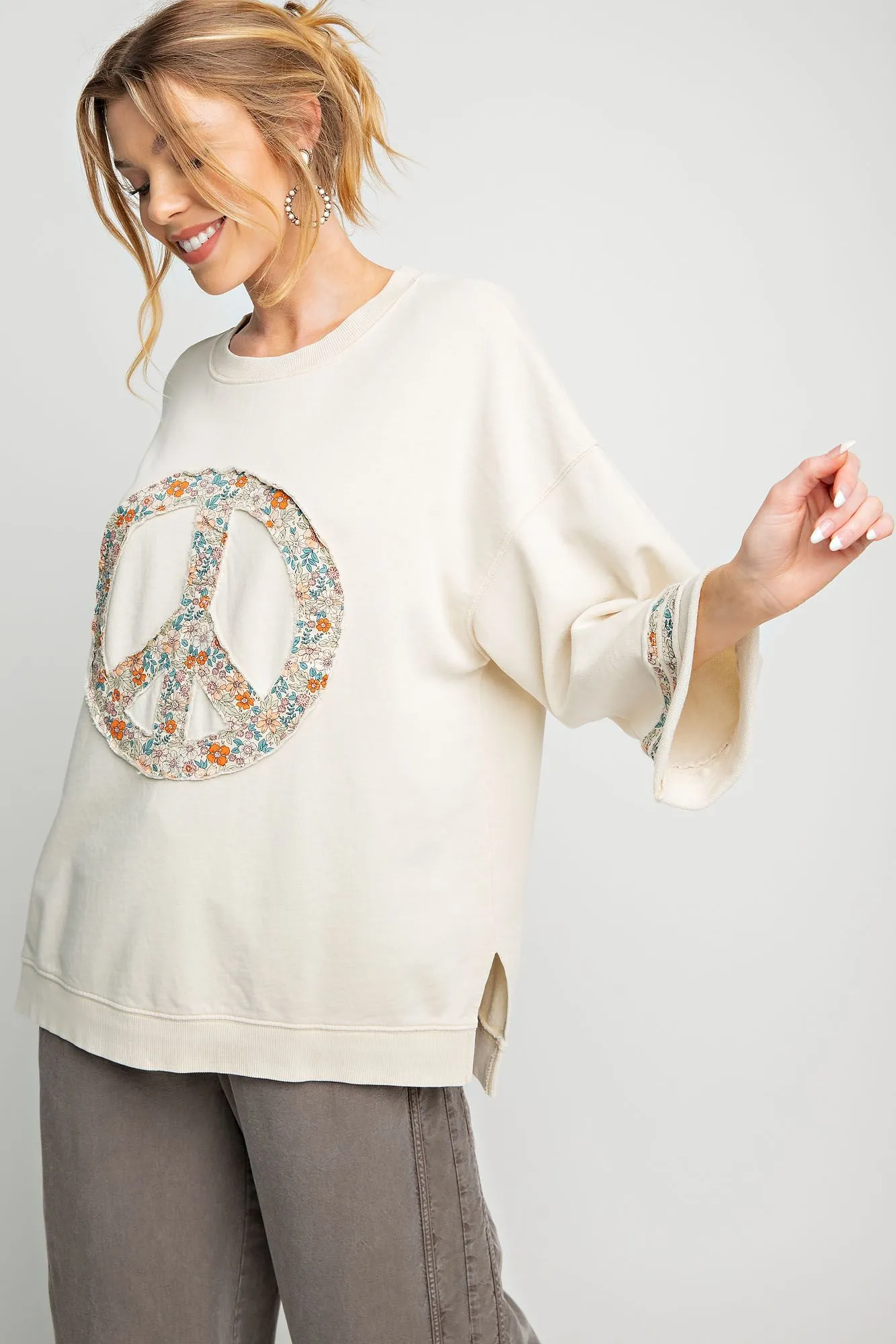 Women's Floral Peace Sign Pullover Top in Mineral Washed Terry Fabric