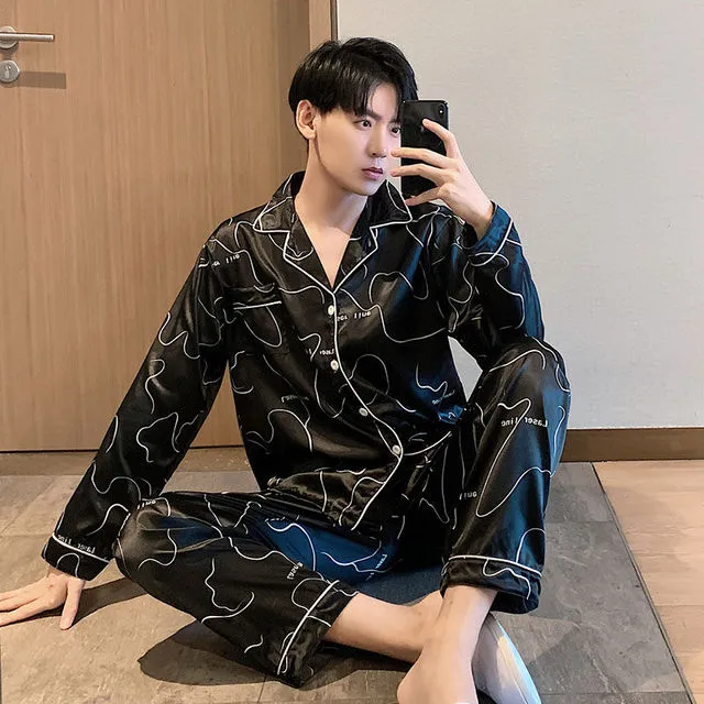 Xituodai Men Comfortable Pyjamas Set 3XL 4XL 5XL Long Sleeve Casual Home Wear Spring Autumn Silk Boy Pajama Sets Leisure Sleepwe