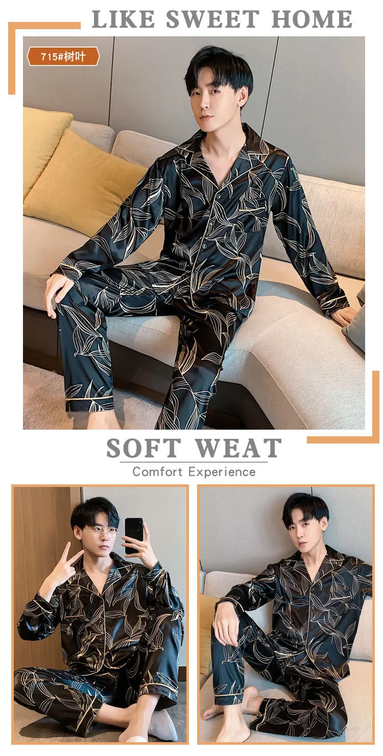 Xituodai Men Comfortable Pyjamas Set 3XL 4XL 5XL Long Sleeve Casual Home Wear Spring Autumn Silk Boy Pajama Sets Leisure Sleepwe