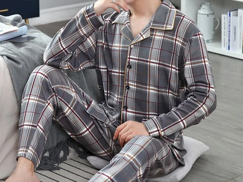 Xituodai Spring Autumn Knitted Cotton Long Pajama Sets Plaid Sleepwear PJ Pyjamas Men's Sleep Lounge Home Fashion