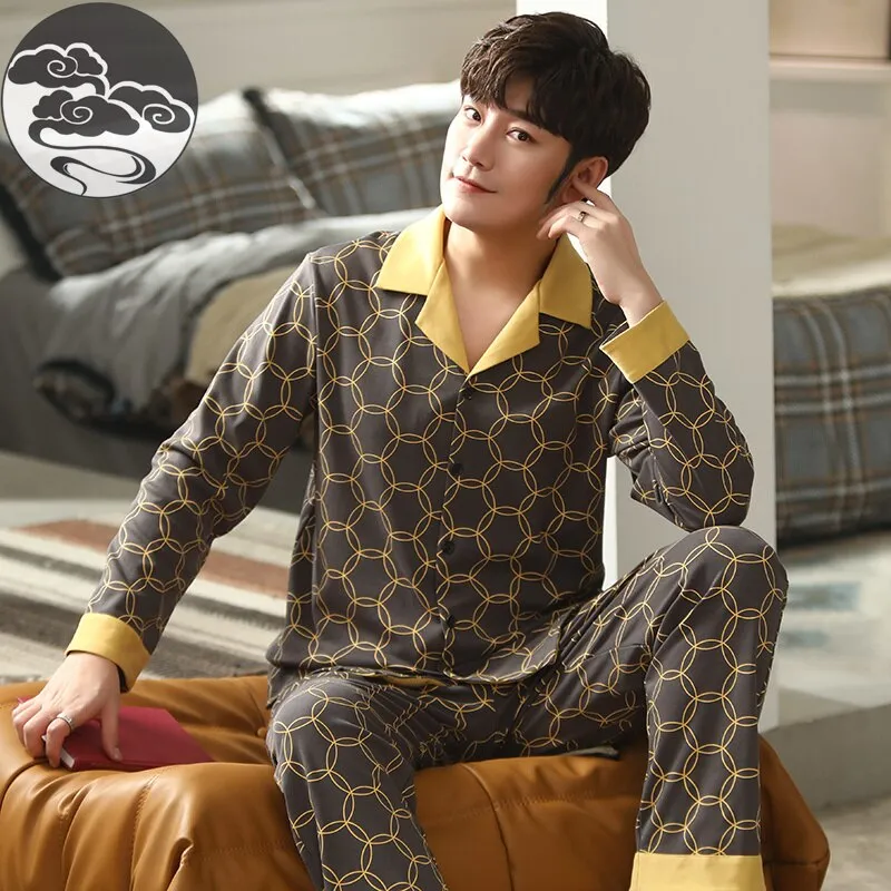 Xituodai Spring Autumn Knitted Cotton Long Pajama Sets Plaid Sleepwear PJ Pyjamas Men's Sleep Lounge Home Fashion