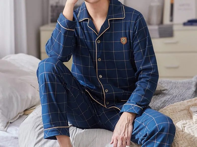 Xituodai Spring Autumn Knitted Cotton Long Pajama Sets Plaid Sleepwear PJ Pyjamas Men's Sleep Lounge Home Fashion