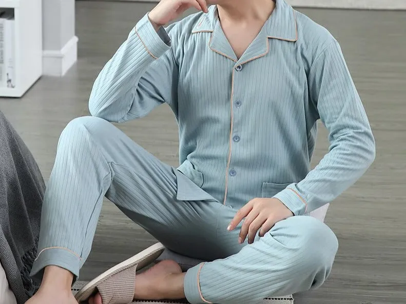 Xituodai Spring Autumn Knitted Cotton Long Pajama Sets Plaid Sleepwear PJ Pyjamas Men's Sleep Lounge Home Fashion