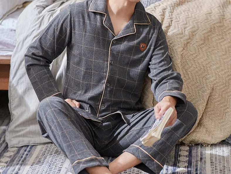 Xituodai Spring Autumn Knitted Cotton Long Pajama Sets Plaid Sleepwear PJ Pyjamas Men's Sleep Lounge Home Fashion