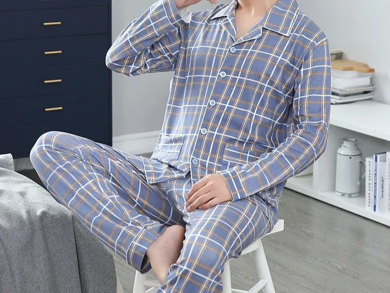 Xituodai Spring Autumn Knitted Cotton Long Pajama Sets Plaid Sleepwear PJ Pyjamas Men's Sleep Lounge Home Fashion