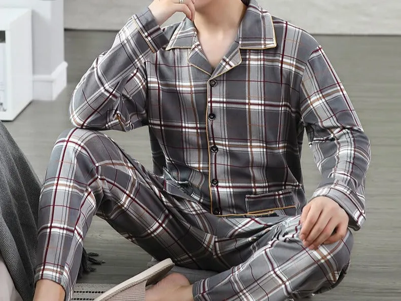 Xituodai Spring Autumn Knitted Cotton Long Pajama Sets Plaid Sleepwear PJ Pyjamas Men's Sleep Lounge Home Fashion