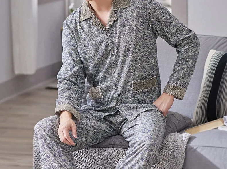 Xituodai Spring Autumn Knitted Cotton Long Pajama Sets Plaid Sleepwear PJ Pyjamas Men's Sleep Lounge Home Fashion