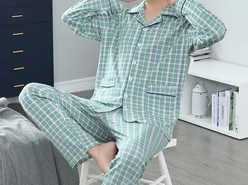 Xituodai Spring Autumn Knitted Cotton Long Pajama Sets Plaid Sleepwear PJ Pyjamas Men's Sleep Lounge Home Fashion