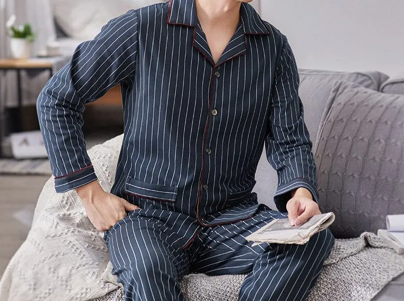 Xituodai Spring Autumn Knitted Cotton Long Pajama Sets Plaid Sleepwear PJ Pyjamas Men's Sleep Lounge Home Fashion