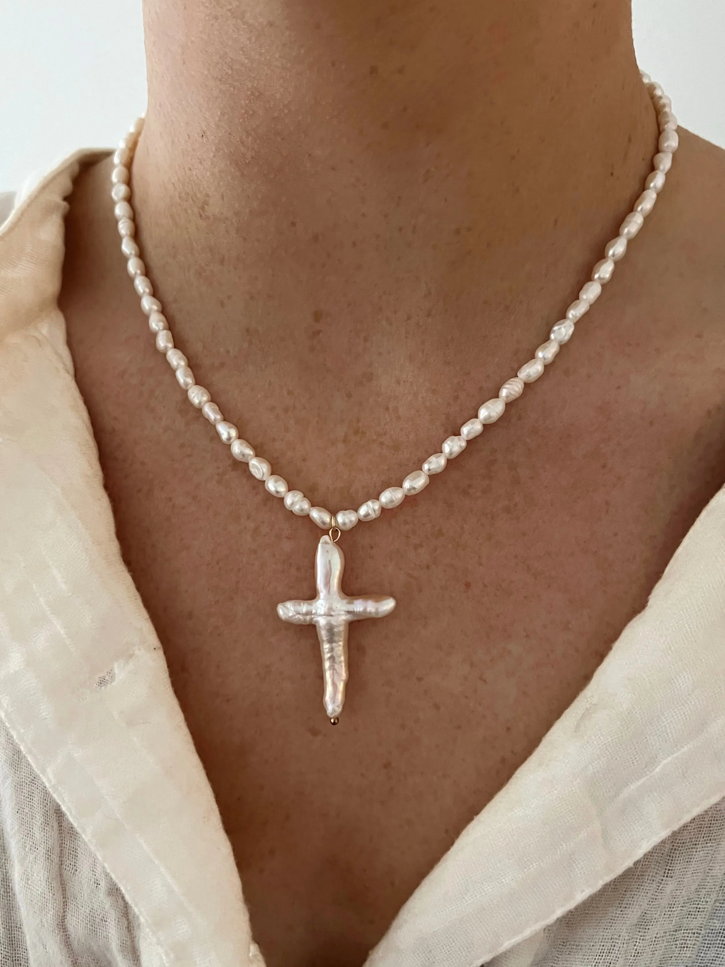 Extra-Large Pearl Cross on Pearl Necklace